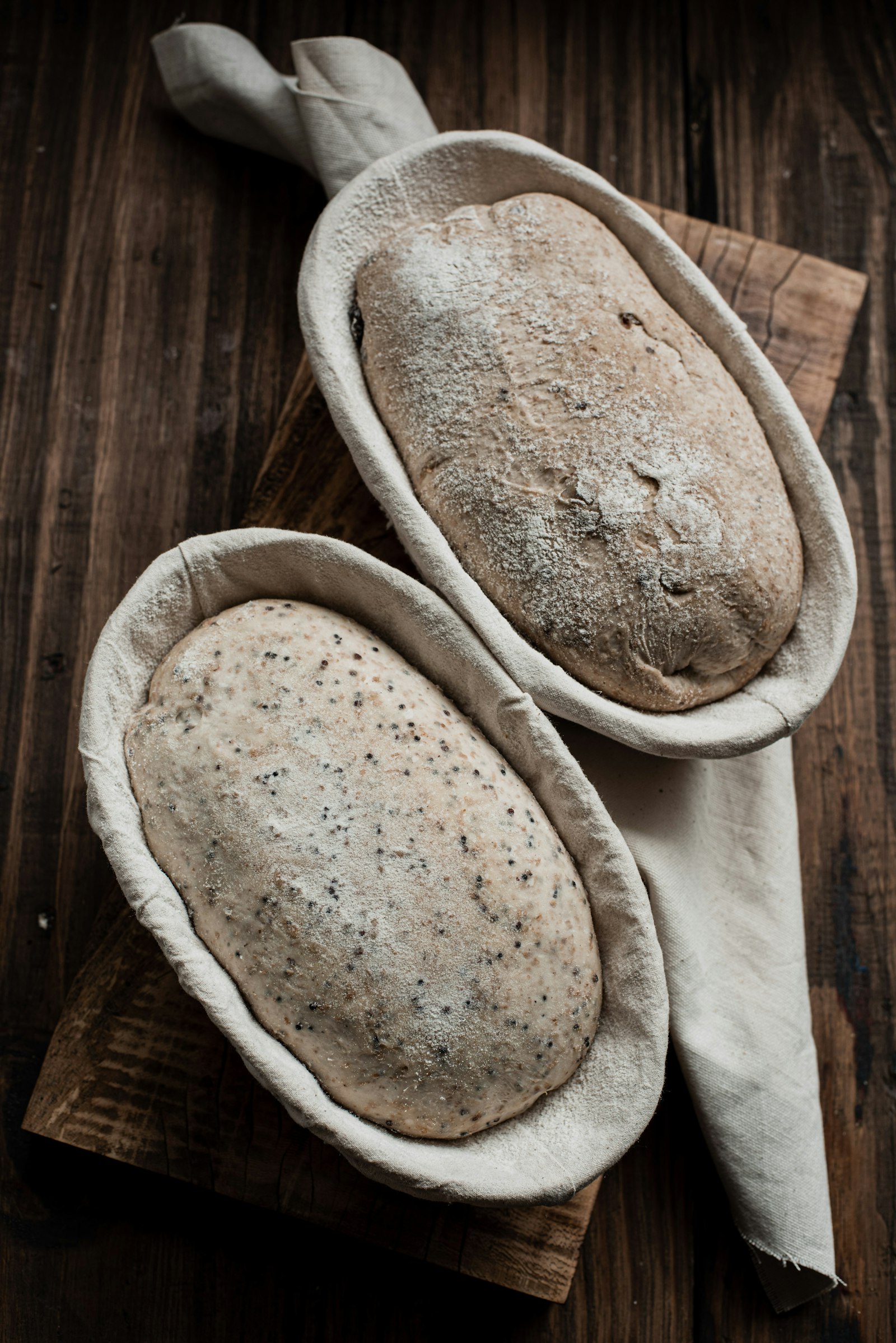 Two loaves proofing in floured bannetons on a linen cloth
