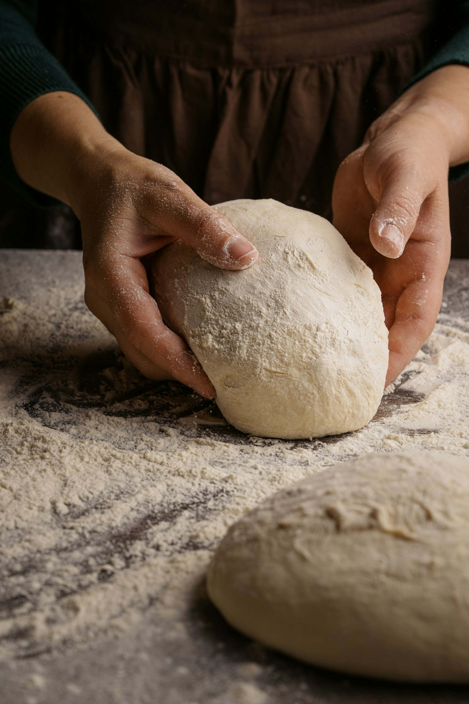 Hands shaping a ball of dough on a floured bench